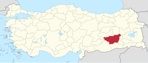 Diyarbakır highlighted in red on a beige political map of Turkeym