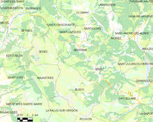 Carte élémentaire montrant les limites de la commune, les communes voisines, les zones de végétation et les routes