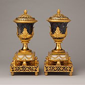 British Neoclassical pair of perfume burners; probably circa 1770; derbyshire spar, tortoiseshell, and wood, Carrara marble base, gilded brass mounts, gilded copper liner; 33 cm × 14.3 cm × 14.3 cm (13.0 in × 5.6 in × 5.6 in); Metropolitan Museum of Art