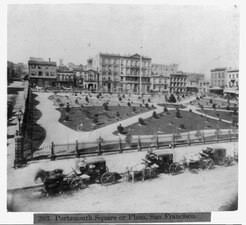 c.1865: View west-northwest from Clay and Kearny towards Brenham Place (now Walter U Lum). Paths have been laid out and trees have been planted.