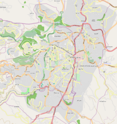 Mapa konturowa Jerozolimy, blisko centrum na prawo znajduje się punkt z opisem „Dzielnica Ormiańska”