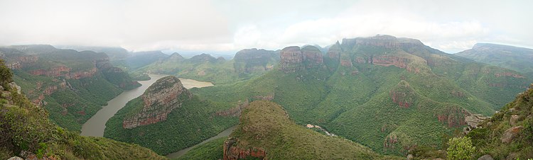 Blyde River Canyon. The Three Rondavels are seen to the right of the center of this view.