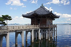 The floating pavilion of Mangetsu-ji on the shores of Lake Biwa, the largest freshwater lake in Japan, located in Otsu City, Shiga Prefecture
