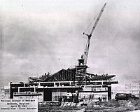 View of front entrance of the new National Library of Medicine building under construction, in Bethesda, Maryland. HMD Prints & Photos, Z AD6 U56 C32 no. 27 box 58 ins.