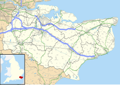 Mapa konturowa Kentu, po lewej znajduje się punkt z opisem „Tonbridge”