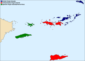 Islas Vírgenes dividas en tres grupos (británicas en azul, estadounidenses en rojo, y puertorriqueñas o españolas en verde)