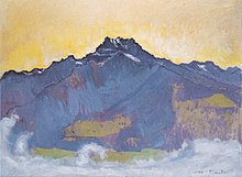 Peinture de Ferdinand Hodler représentant les dents du Midi de loin. Le ciel est jaune, les montagnes sont grises et peu détaillée avec un léger manteau neigeux, le bas des montagnes est vert et des nuages sont présents au bas de la toile.