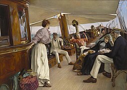 On the Yacht "Namouna", Venice, by Stewart. Bennett is center left, in the white suit. Lillie Langtry is the woman seated, right (1890).