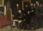 Fantin-Latour: Atelier aux Batignolles. V.l.n.r. Scholderer, Manet, Renoir. Astruc, Zola, Maître, Bazille en Monet.