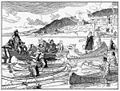 Présentation du Théâtre de Neptune dans le bassin d'Annapolis face à l'habitation de Port-Royal en 1606, dessin. Bibliothèque et Archives Canada, 2899024.