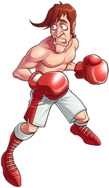 Drawing of a skinny shirtless man with red hair, red boxing gloves, and white-and-red shorts and shoes. He is looking to the left and appears worried.