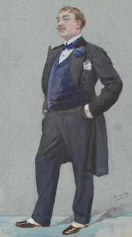 Caricature of white man in evening costume of the late 19th century