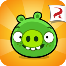 The game's protagonist, a green limbless pig named Ross, sits in the centre of the game's app icon. The background has the same sunbeam-pattern as the background of Angry Birds' app icon, albeit yellow instead of blue.