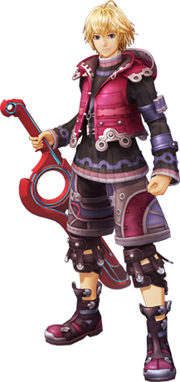 Artwork of Shulk, a young, blond man wearing a wine red vest and carrying a red sword