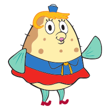 A tan-colored animated pufferfish with yellow, flattened hair and turquoise fins wears a blue shirt and a red skirt. She waves towards the reader and also has a small blue cap and red shoes.