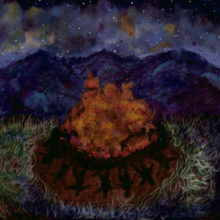 An impressionistic painting of a volcano erupting at night.