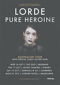 A poster showing Lorde in black clothing and black lipstick as she faces the camera. Her name and album name appear above her in marble texture. The leg of the tour appears in yellow text while the selected dates appear in white text.