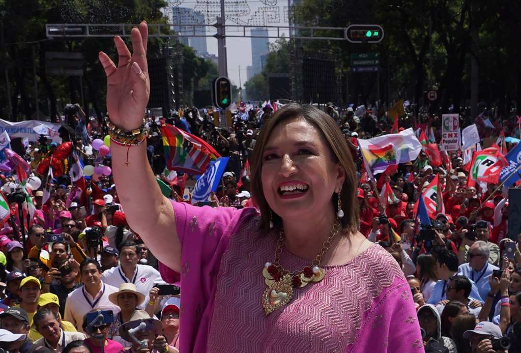 Senator Xóchitl Gálvez, opposition candidate for the presidential elections, waves during a political event at the Angel of Independence monument, in Mexico City on Sept. 3, 2023.