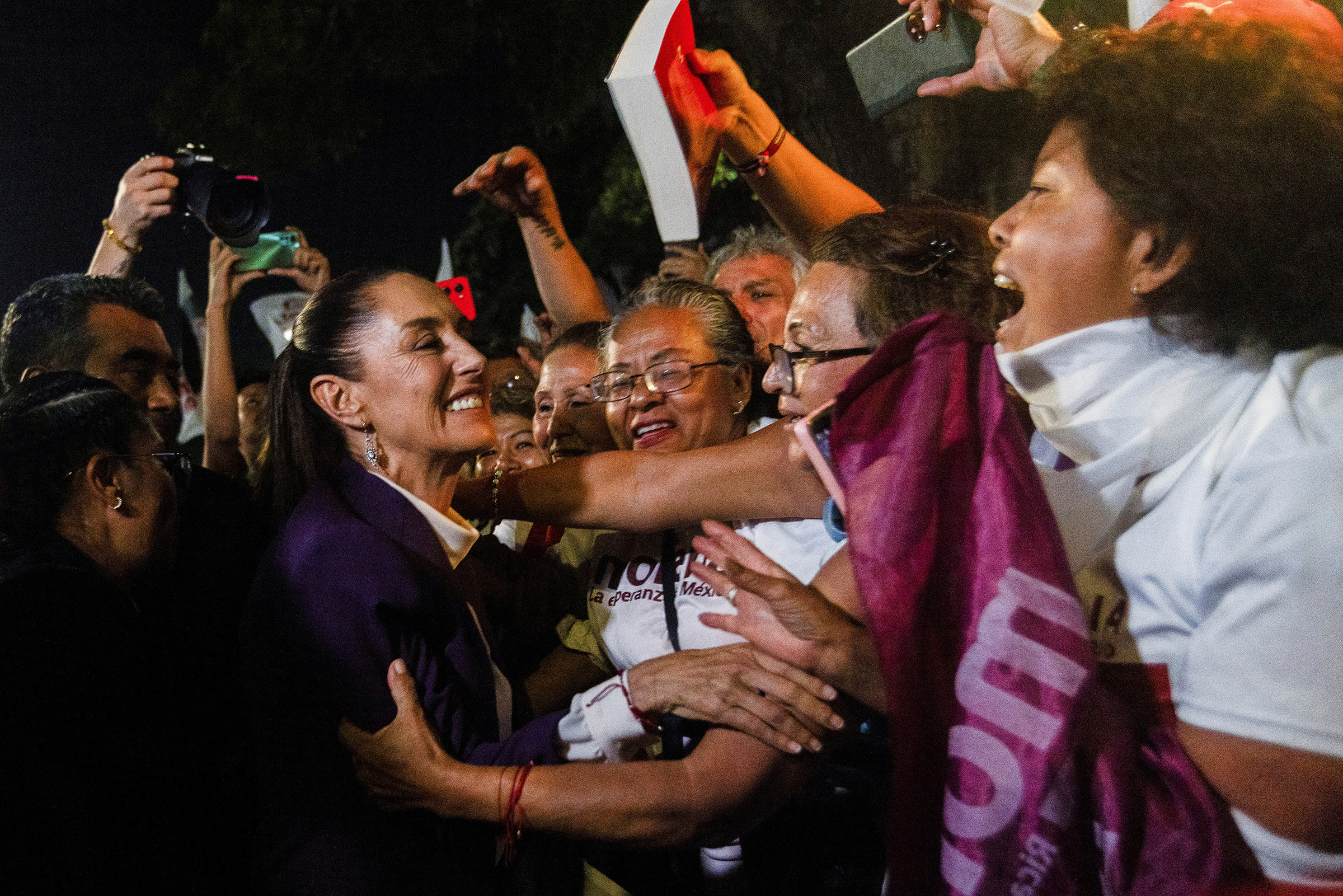 Claudia Sheinbaum greets her supporters on the day of the last presidential debate at the Tlatelolco University Cultural Center in Mexico City on May 19, 2024.