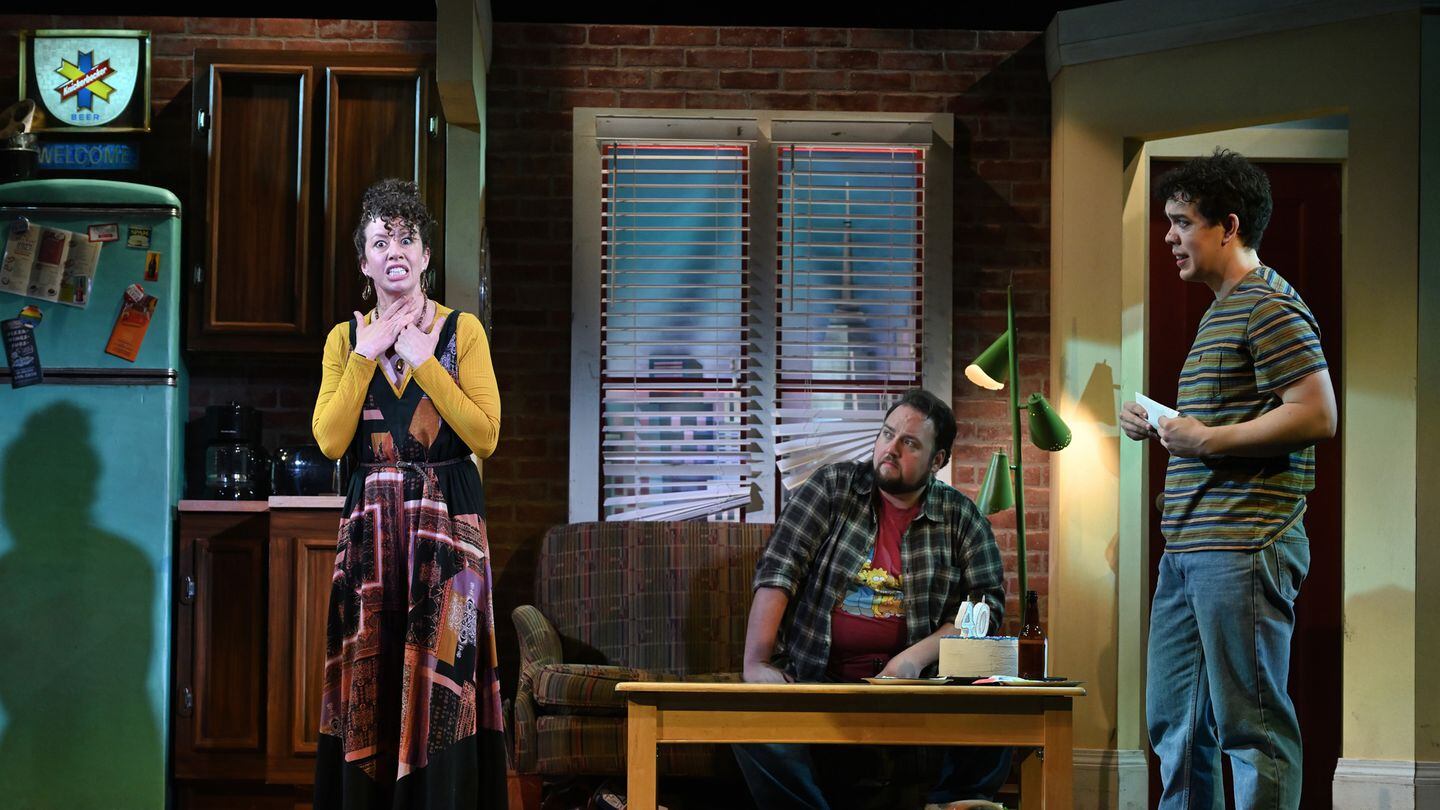 From left, Brooke Jacob as Sandy Lester, Dean Marino as Jeff Slater, and Kyle Nicholas Anderson as Michael Dorsey in "Tootsie" at Theatre By The Sea in Wakefield, R.I.