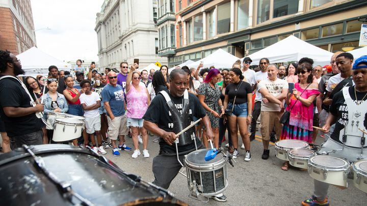 The Black Out Drum Squad of Providence, Rhode Island perform on Washington Street during day 2 of PVDFest in Providence, Rhode Island on June 11, 2022.