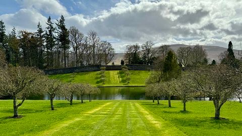 The Hercules Garden at Blair Castle & Gardens in Blair Atholl, Scotland. The 9-acre walled garden has been restored to its original Georgian design.