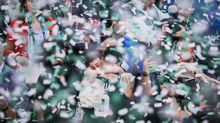 Jayson Tatum celebrates the Celtics' title with his son, Deuce.