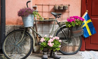 Flower decorated bike in Stockholm. Picture taken at an old military center.