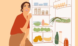 Illustration of a woman sitting on the kitchen table near the fridge full of fresh and healthy food at home. Vegetarianism, well