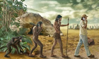 human evolution, mobile phone evolution, the connection with the ancestors, photo collage and drawing