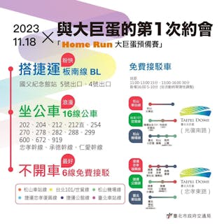 大巨蛋預備賽當天，民眾可搭乘捷運藍線、16線公車及6線接駁專車前往觀賽｜Photo Credit: 台北市政府