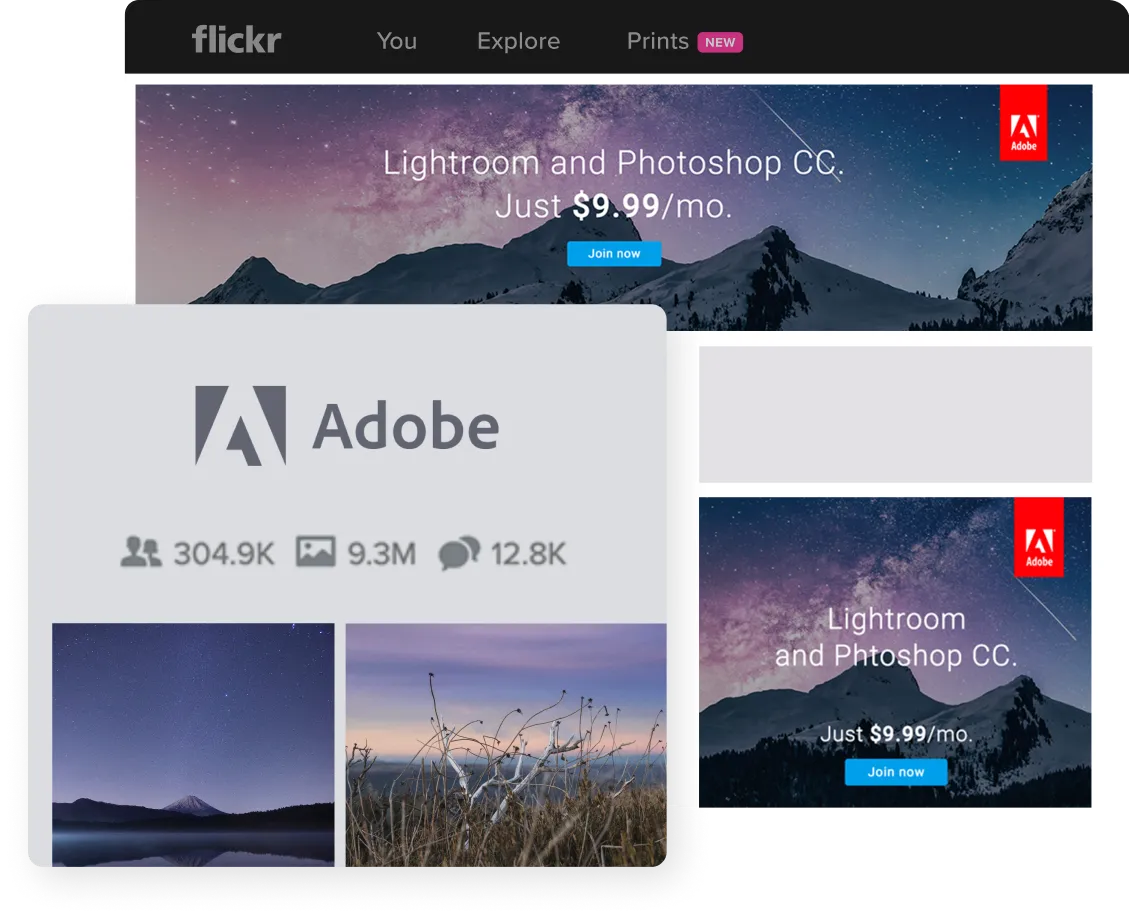 Example mockup of an ad on Flickr for Adobe Lightroom & Photoshop