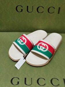 新品未使用 GUCCI グッチ インターロッキングG サイズ10 ホワイト 白 マルチカラー サンダル スライドサンダル 新品 Rubber