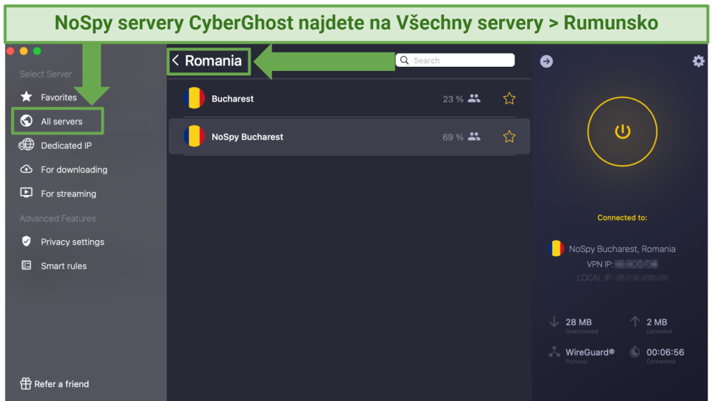 Screenshot showing how to access CyberGhost's private NoSpy servers