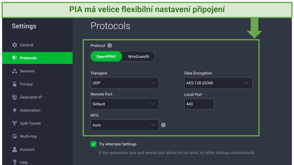 Screenshot showing PIA's customizable protocol settings