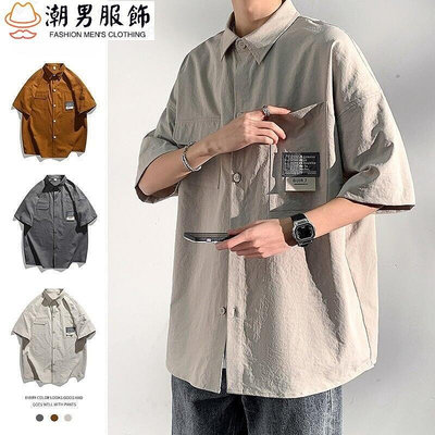 新品 滿299發貨M-3XL 日系男士工裝襯衫 夏季冰絲襯衫 多口袋 寬鬆休閒 港風襯衫痞帥 百搭工裝外套-可開發票