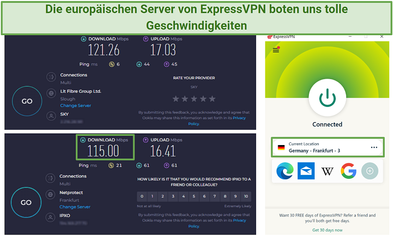 Screenshot of Ookla speed tests record with no VPN connected and while connected to ExpressVPN's Frankfurt 3 server