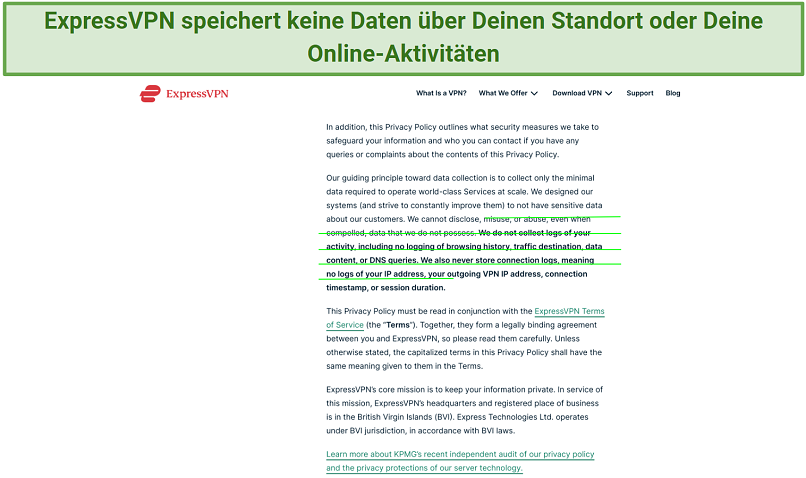 Screenshot of the ExpressVPN privacy policy highlighting what it does not collect
