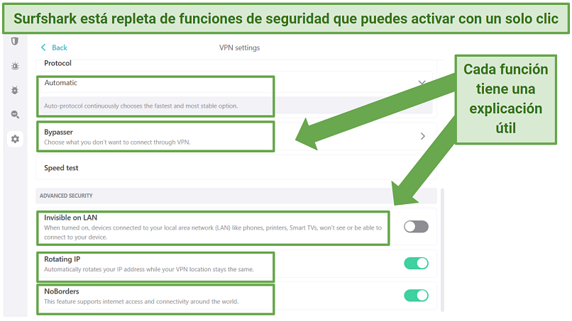 Surfshark's Windows app displaying security settings, like NoBorders and Rotating IP