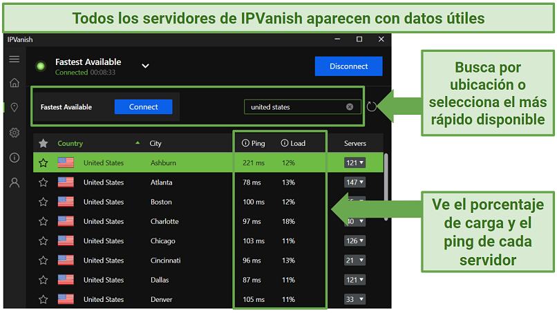 IPVanish Windows app displaying each server's ping and load percent