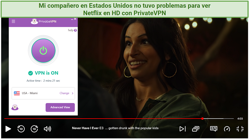 Streaming Netflix in HD from the US while connected to PrivateVPN's Miami server