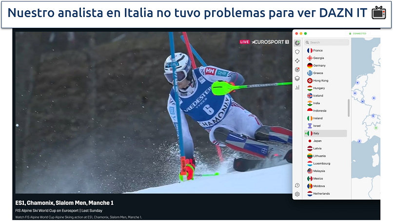 Screenshot of the NordVPN app connected to a server in Italy while streaming skiing on DAZN