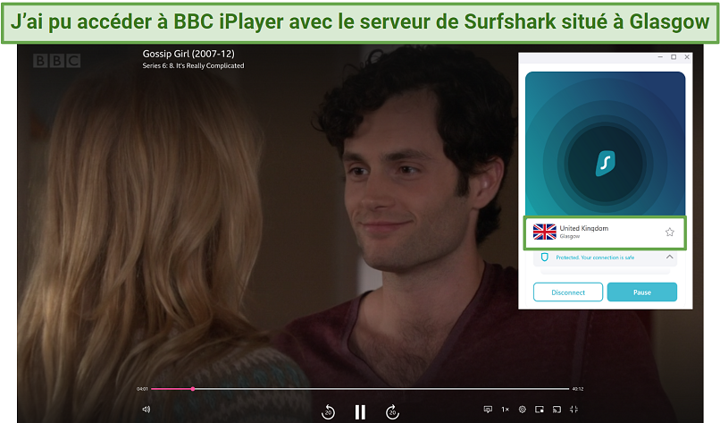 Screenshot of BBC iPlayer streaming Gossip Girl while connected to Surfshark's Glasgow server