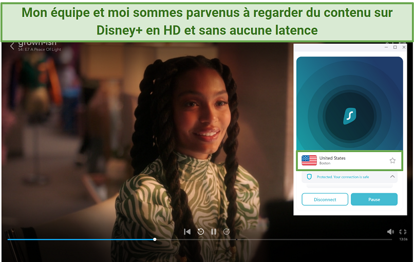 Screenshot of Disney Plus player streaming Grown-ish while connected to Surfhshark's Boston Server