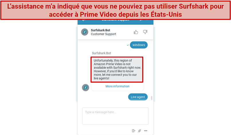 Screenshot of a Surfshark live chat conversation where I was told it's not compatible with Amazon Prime Video US