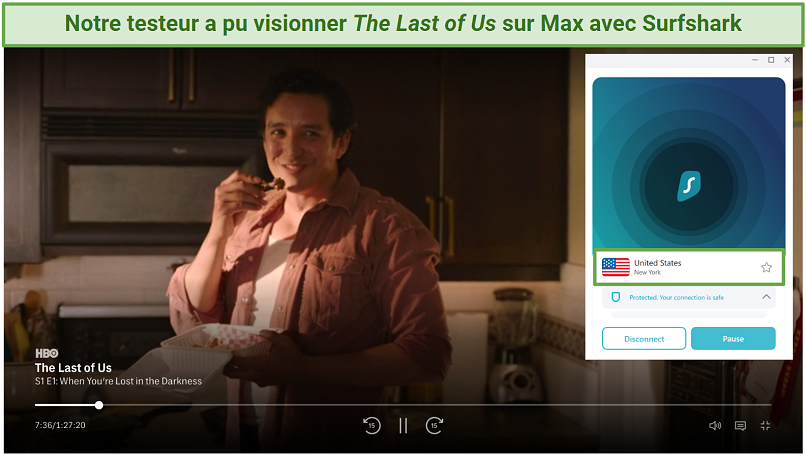 Screenshot of Max player streaming The Last of Us while connected to Surfshark's New York server