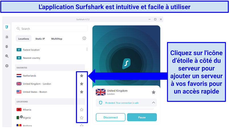 Screenshot showing how to save servers as favorites on Surfshark