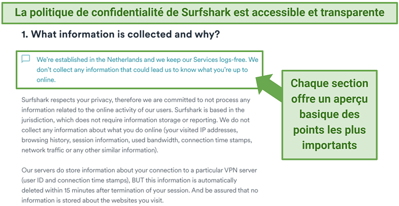 Screenshot showing Surfshark's privacy policy ensuring it stores no identifiable data