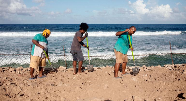 Workers construct barriers to combat sea erosion along the coastline of Tuvalu.