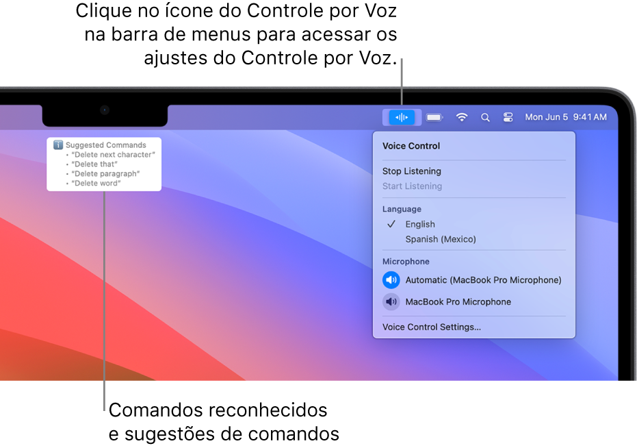 A janela de feedback do Controle por Voz com comandos de texto sugeridos, como “Apagar isso” ou “Clicar em Apagar” mostrados acima.